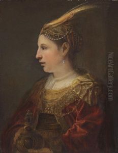 Portrait Of A Lady As Mary Magdalene In A Red And Gold Dress And Feathered Headdress