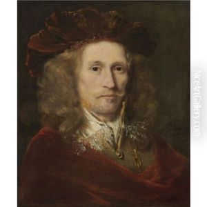 Portrait Of A Gentleman, Wearing A Red Embroidered Cap, A Brown Doublet And A Red Cloak
