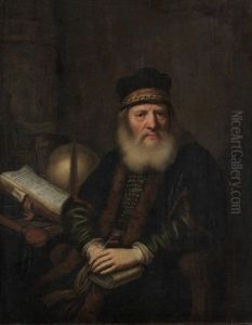 Gelehrter. An Einem Tisch Mit Globus Und Aufgeschlagenem Buch Sitzend Richtet Er Sich Zum Betrachter