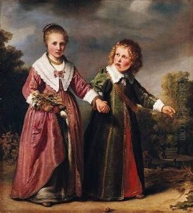 A Double Portrait Of A Young Girl Holding A Posy Of Flowers And A Young Boy, In A Wooded Landscape