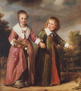 A Double Portrait Of A Young Girl Holding A Posy Of Flowers And A Young Boy In A Wooded Landscape