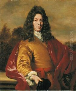 Portrait Of A Gentleman In A Yellow Gown With A Red Sash And Burgundy Mantle, His Cap In His Right Hand, Against A Balcony
