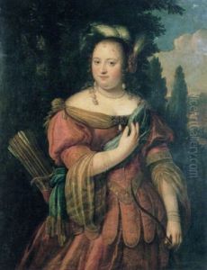 Portrait Of A Lady In A Landscape, Wearing An Elaborate Pink Dress With A Blue Sash