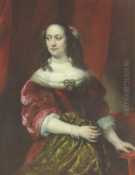 Portrait Of Anna Rykens In A Red Dress, Her Left Hand Resting On A Chair - view 1