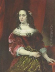 Portrait Of Anna Rykens In A Red Dress, Her Left Hand Resting On A Chair by Ferdinand Bol