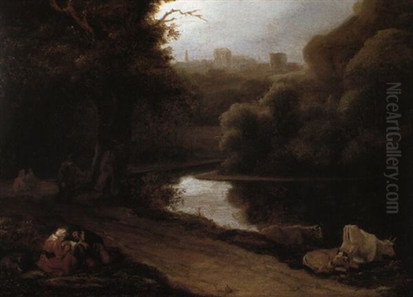 Wooded Landscape With Travellers Resting By A Path - view 1