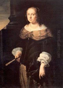 Portrait Of A Lady, Three-quarter Length, Wearing A Black And Green Dress, Holding A Fan, On A Portico by Ferdinand Bol