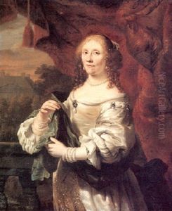 Portrait Of A Lady, Standing Three-quarter Length, Wearing  A White Satin Dress Draped With A Green Shawl