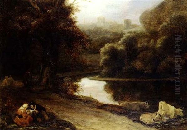 An Extensive River Landscape With Cows And An Elderly And An Elderly Couple Reading Beside A Road - view 1