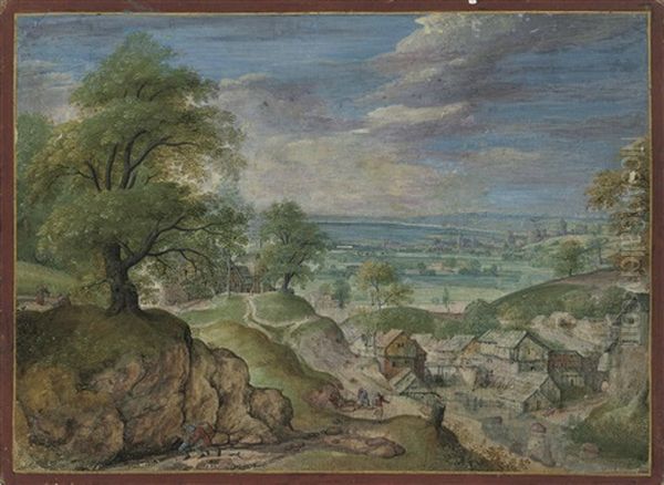 An Extensive Landscape With Travellers In The Foreground, A Watermill And A Town With A Castle Beyond - view 1
