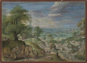 An Extensive Landscape With Travellers In The Foreground, A Watermill And A Town With A Castle Beyond by Hans Bol