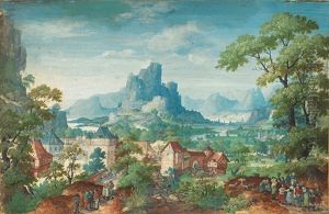Phantasielandschaft Mit Einer Kleinen Stadt, Zwei Volksgruppen Und Blick Auf Ein Gebirge