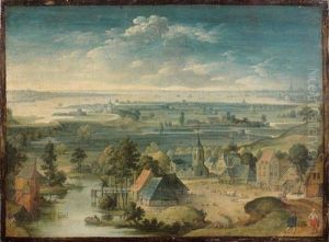 Vue Panoramique D'un Village Des Flandres A Droite La Ville D'anvers