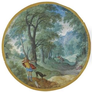 Wooded Landscape With Silvio And Dorinda by Hans Bol