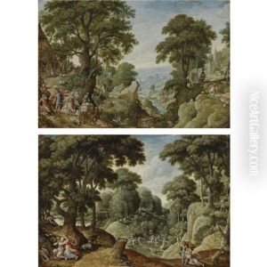 A Hilly Wooded Landscape With The Return Of Jacob To Canaan (+ A Hilly Wooded Landscape With Scenes Of The Life Of Diana; Pair) by Hans Bol