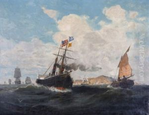 Bewegte See Mit Zahlreichen Schiffen, Im Vordergrund Raddampfer, Am Horizont Felsige Landschaft by Konstantinos Bolanachi