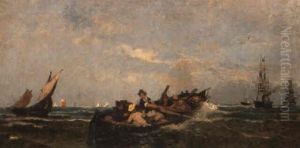 A Rowing Boat With Sailing Ships Beyond by Konstantinos Bolanachi