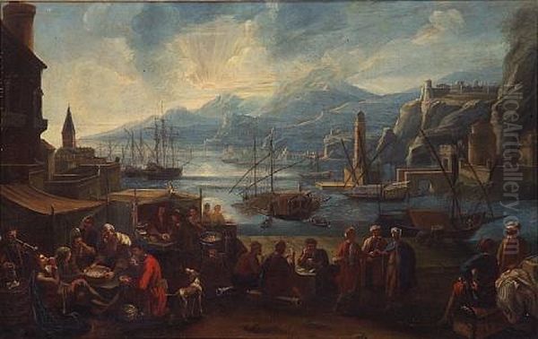 A Capriccio Harbor View With Numerous Figures (+ A Market Scene; Pair) - view 1