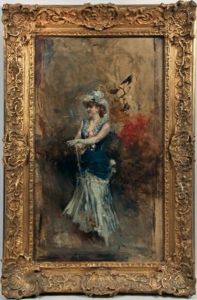 Elegante A La Robe Bleue Et A L'ombrelle