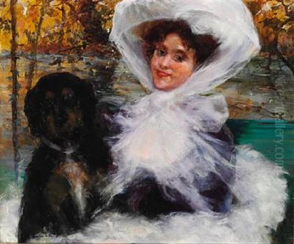 Elegant Lady With Her Dog In The Woods, Autumn - view 1