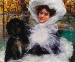 Elegant Lady With Her Dog In The Woods, Autumn by Giovanni Boldini