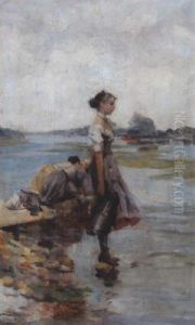 Uferlandschaft Mit Wascherinnen Und Madchen Mit Wasserkrug Uferlandschaft Mit Wascherinnen Und Madchen Mit Wasserkrug
