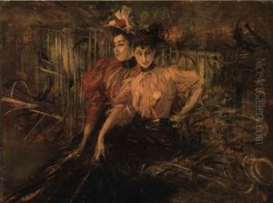 Two Young Girls Seated On A Bench by Giovanni Boldini
