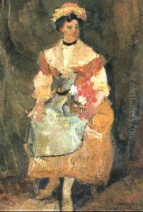 Frau In Tracht Mit Blumenstrauss by Rodolphe Bolliger