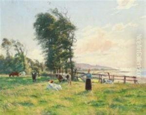 A Milk Maid And Cows In A Field By The Coast