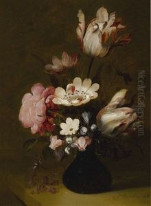 Still Life With Tulips, Peonies, Anemones, Hyacinths And Other Flowers In A Glass Vase On A Stone Ledge by Hans Bollongier