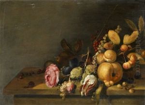 Stillleben Mit Rosen Und Fruchten Auf Einem Tisch