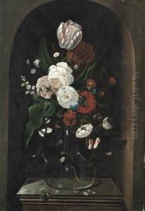 Parrot Tulips, Roses And Other Flowers In A Glass Vase, With A Butterfly, On A Stone Plinth In A Niche by Hans Bollongier