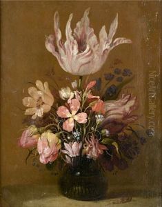 Tulips, Roses And Other Flowers In A Glass Vase by Hans Bollongier