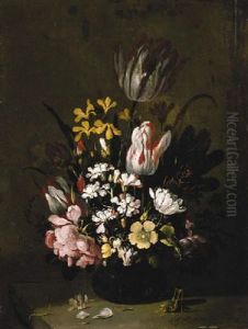 Tulips, Roses And Other Flowers In A Vase, With A Grasshopper And A Caterpillar On A Ledge