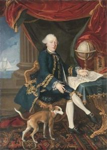 Portrait Of Pieter Hendrick Koppiers In A Blue And Gold Embroidered Coat And Waistcoat, Seated In An Interior, His Left Hand On A Map On A Table, His Dog At His Feet, A View With A Sailing Ship Beyond