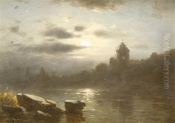 Gewasser Bei Vollmond Mit Stadtischer Silhouette - view 1