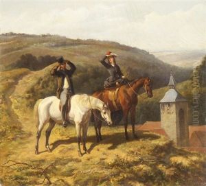 Elegantes Reiterpaar Auf Einer Anhohe In Die Ferne Blickend by Karel Frederik Bombled