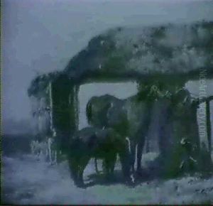 Horse, Pony And Dog Outside Thatched Stable