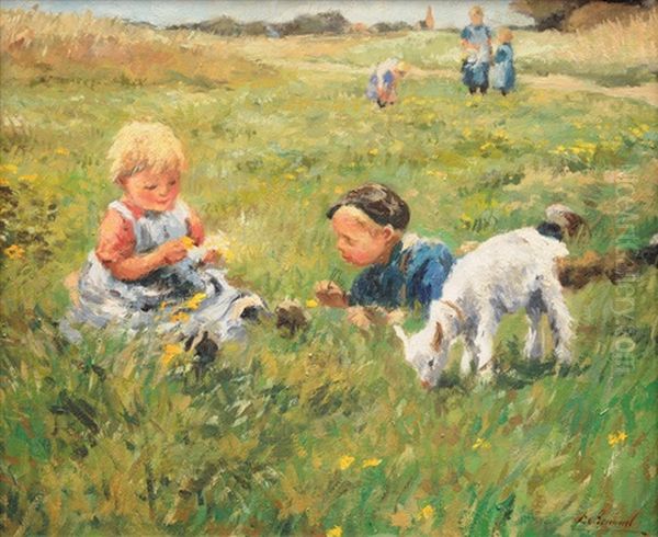Children On A Pasture With Kid - view 1