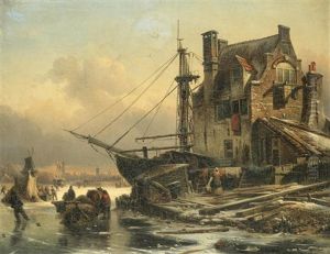Figures On Frozen River By A Town by Elias Pieter van Bommel