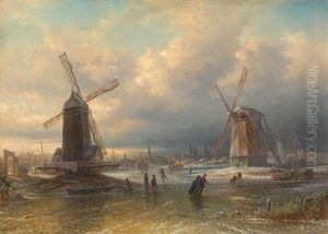 Figures On Ice Before A Dutch City by Elias Pieter van Bommel