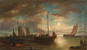Dutch Harbour View In The Moonlight by Elias Pieter van Bommel