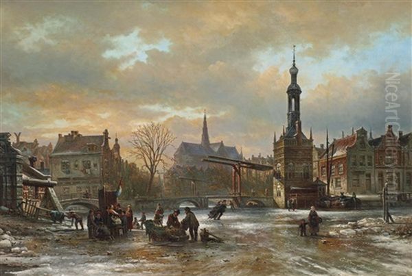 Figures Skating On The Ice With The St. Bavo Church In The Background, Haarlem - view 1
