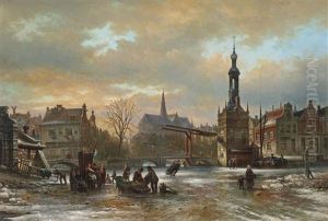 Figures Skating On The Ice With The St. Bavo Church In The Background, Haarlem