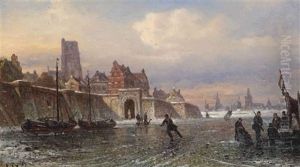 Das Wasserthor Zu Waudriechem; Skaters By The Waterpoort, Woudrichem by Elias Pieter van Bommel