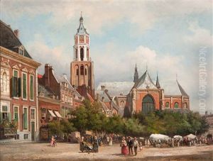 View Of The Kerkplein Square And The Eusebius Church In Arnhem by Elias Pieter van Bommel
