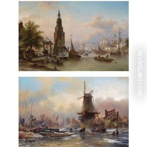 A View Of The Oude Schans With The Montelbaanstoren, Amsterdam (+ A Windmill In A Winter Landscape At Dawn; Pair) by Elias Pieter van Bommel