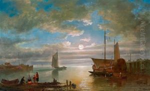 Motiv Aus Dem Hafen In Amsterdam, Mondbeleuchtung by Elias Pieter van Bommel