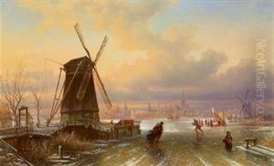 Eisvergnugen Vor Hollandischer Stadtansicht by Elias Pieter van Bommel