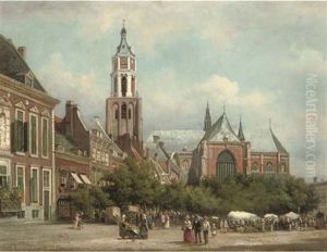 The Market Place With The Eusebius Kerk, Arnhem by Elias Pieter van Bommel